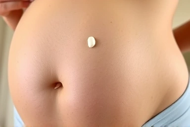Pregnant belly with glowing, healthy skin and gentle cream application.
